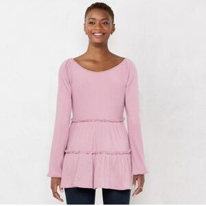 Lc Lauren Conrad Tiered Ruffle Tunic Scoop Neck Blouse Baby Rose M